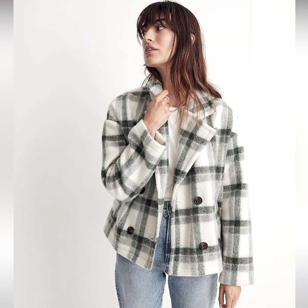 Madewell Jacquard Double-Breasted Crop Blazer Cream Green Plaid Women’s Size XS
